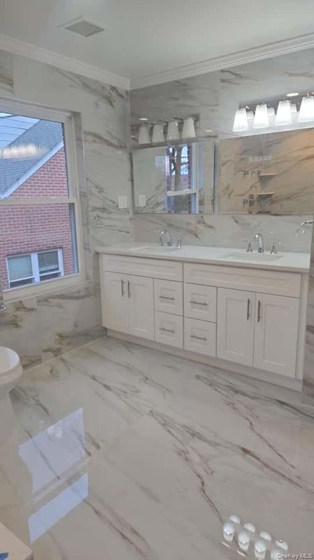 Bathroom, Dual Sink Vanities, Interior, Marble, Marble Walls