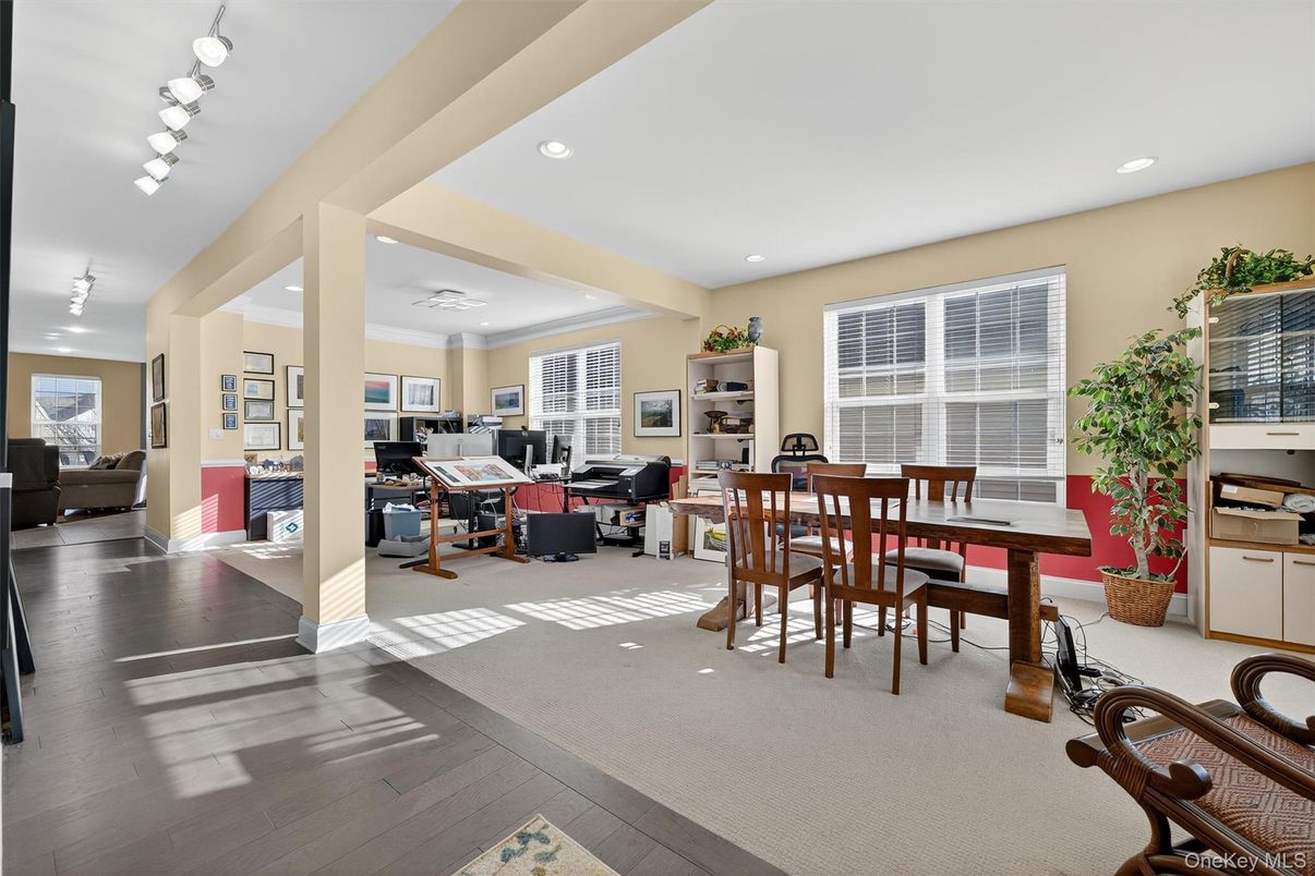 Dining room, Interior, Living room, Recessed Lighting, Wood Texture Flooring