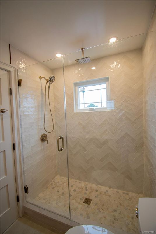 Bathroom, Glass Shower, Interior, Recessed Lighting, Wood Texture Flooring