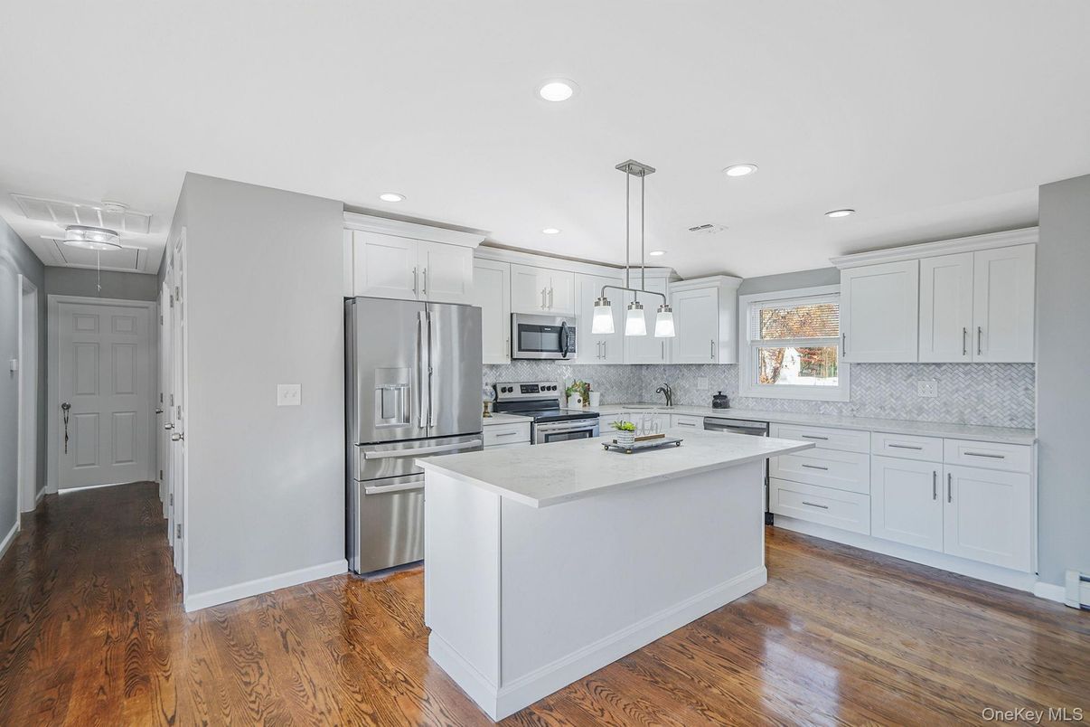 Interior, Kitchen, Pendant Lights, Recessed Lighting, Stainless Steel Appliances, Wood Texture Flooring