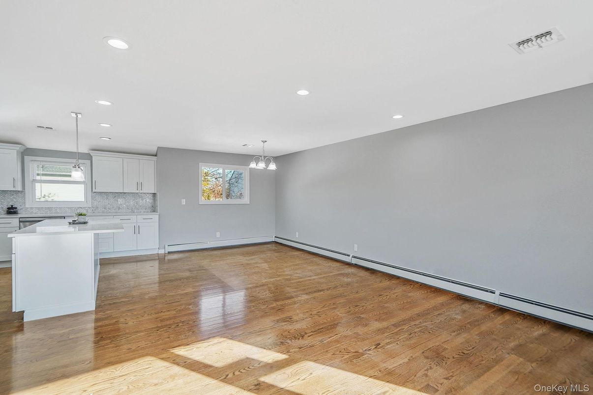 Empty room, Interior, Kitchen, Pendant Lights, Recessed Lighting, Wood Texture Flooring