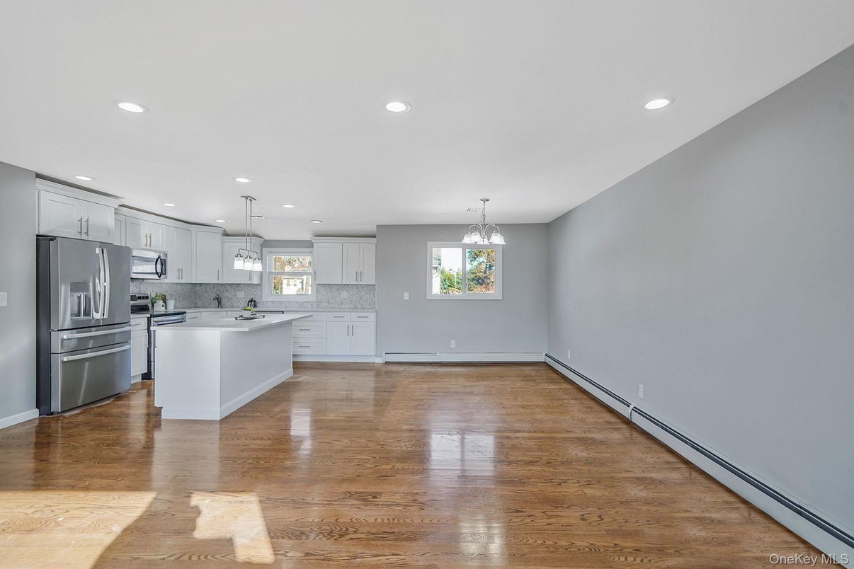 Chandelier, Empty room, Interior, Kitchen, Pendant Lights, Recessed Lighting, Wood Texture Flooring