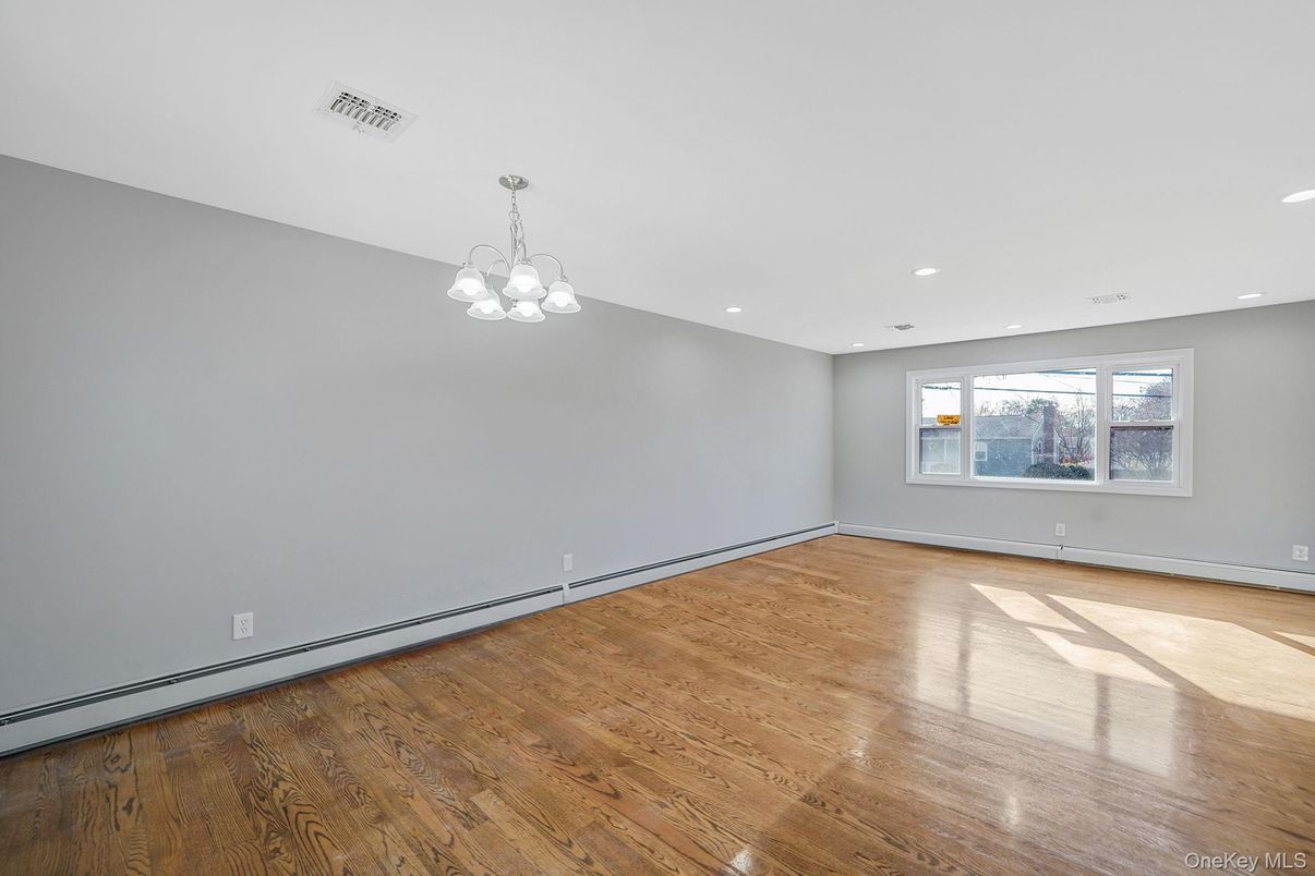 Chandelier, Empty room, Interior, Recessed Lighting, Wood Texture Flooring