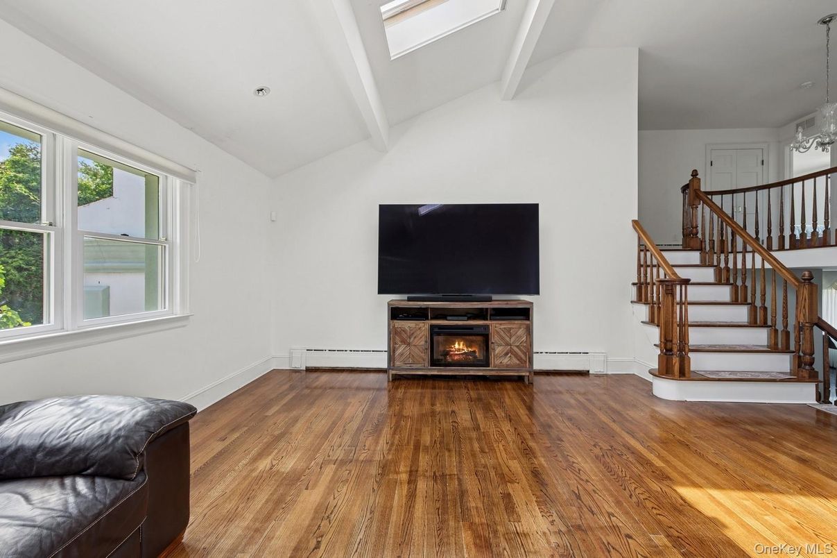 Fireplace, Interior, Pendant Lights, Recessed Lighting, Wood Texture Flooring