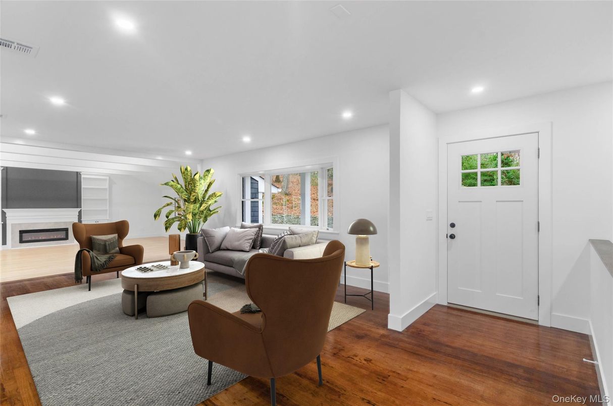 Fireplace, Interior, Living room, Recessed Lighting, Wood Texture Flooring