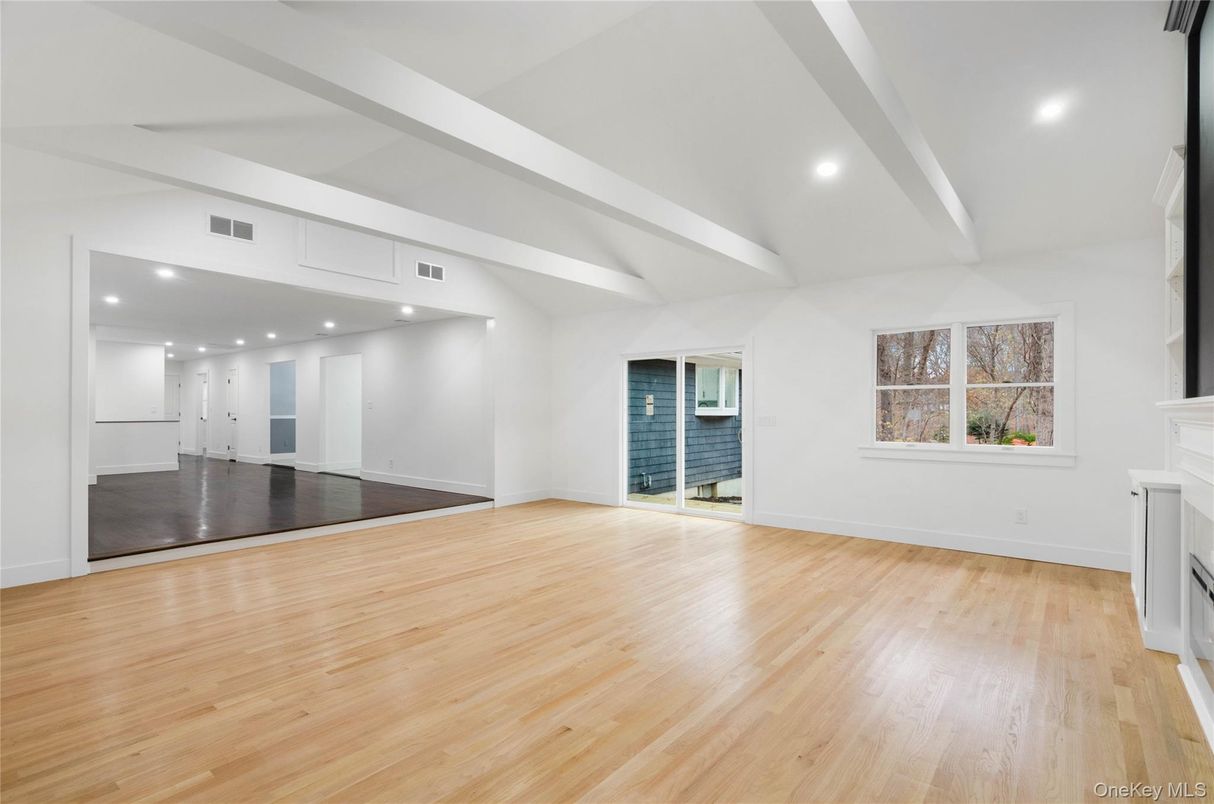 Empty room, Fireplace, Interior, Recessed Lighting, Wood Texture Flooring