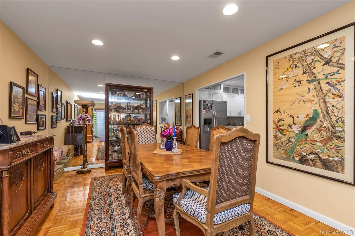 Dining room, Interior, Recessed Lighting, Wood Texture Flooring