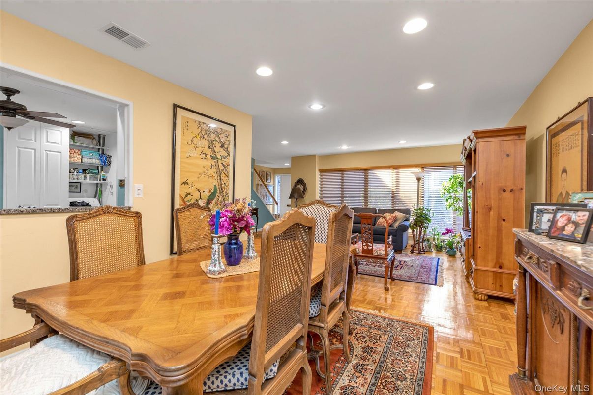 Dining room, Interior, Living room, Recessed Lighting, Wood Texture Flooring