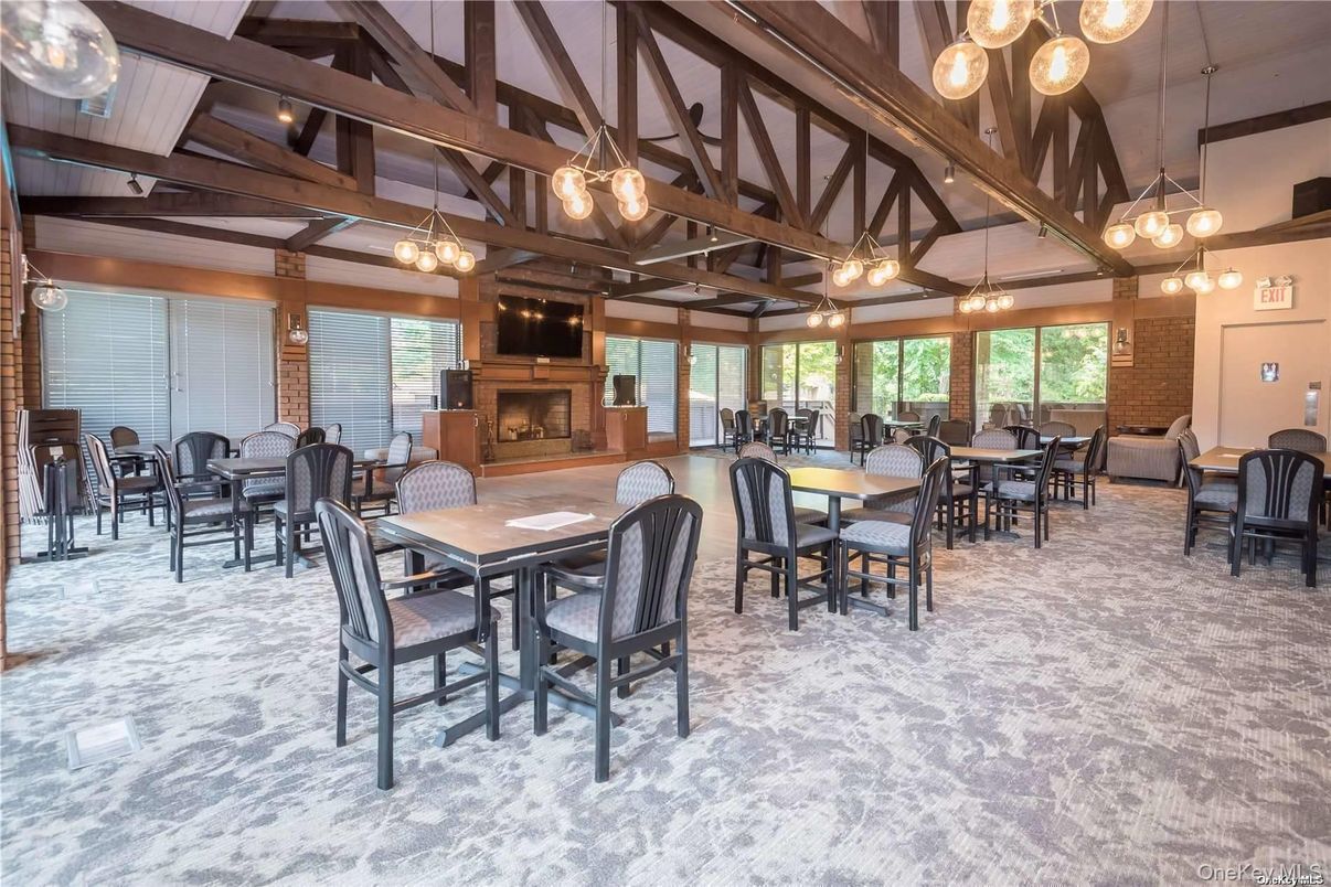 Dining room, Fireplace, Interior, Pendant Lights, Wooden Beams
