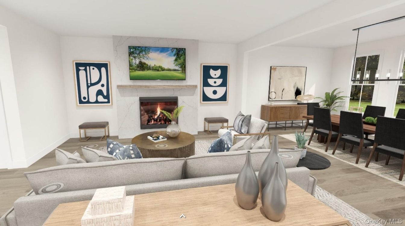 Dining room, Fireplace, Interior, Living room, Pendant Lights, Wood Texture Flooring