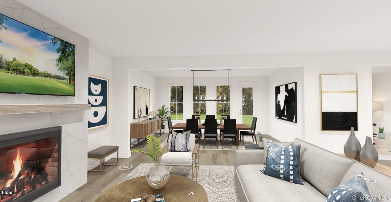 Dining room, Fireplace, Interior, Living room, Pendant Lights, Wood Texture Flooring