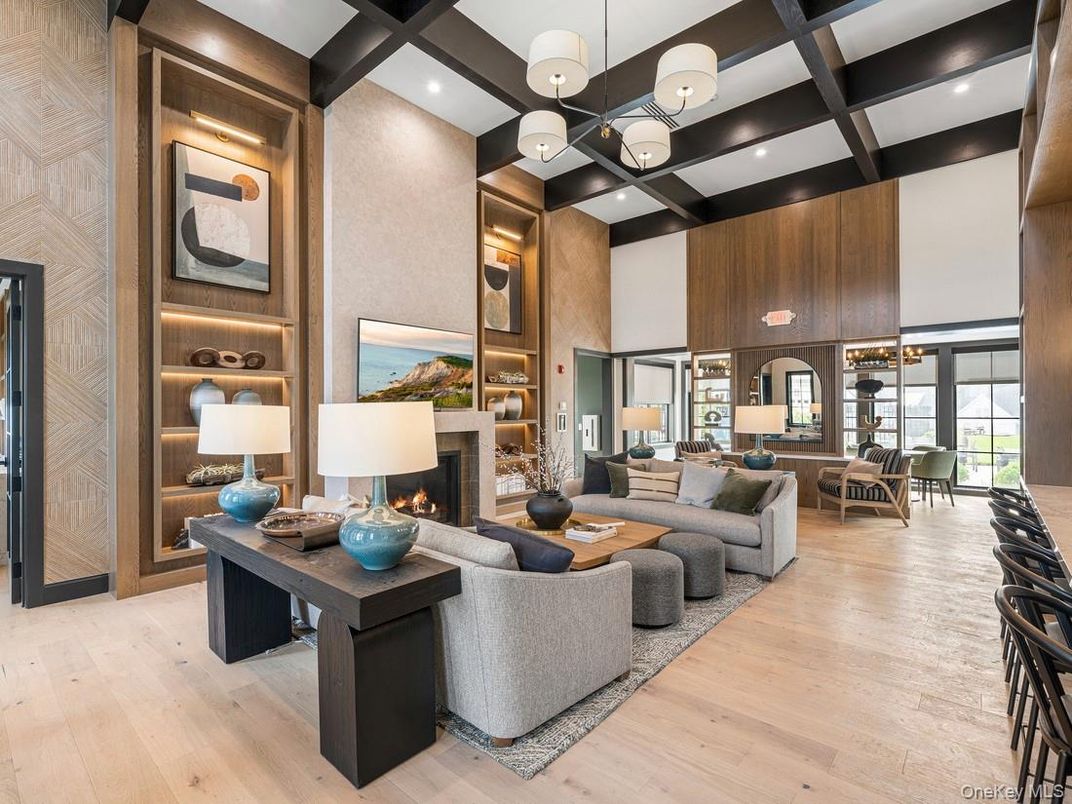 Fireplace, Interior, Living room, Pendant Lights, Recessed Lighting, Wooden Beams, Wood Texture Flooring