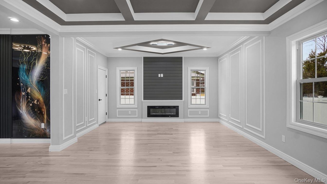 Empty room, Fireplace, Interior, Recessed Lighting, Wood Texture Flooring