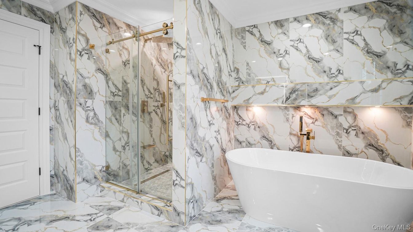 Bathroom, Free Standing Baths, Glass Shower, Interior, Marble, Marble Walls