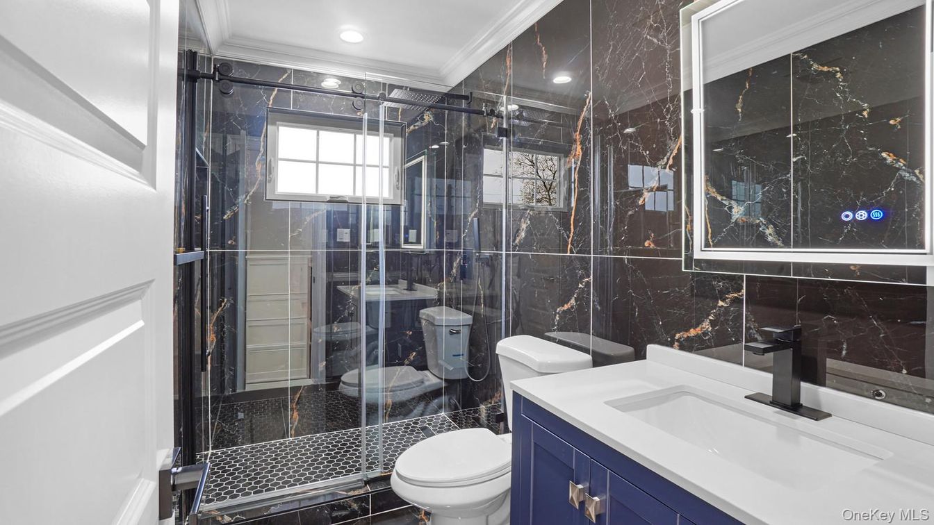 Bathroom, Glass Shower, Interior, Marble Walls, Recessed Lighting