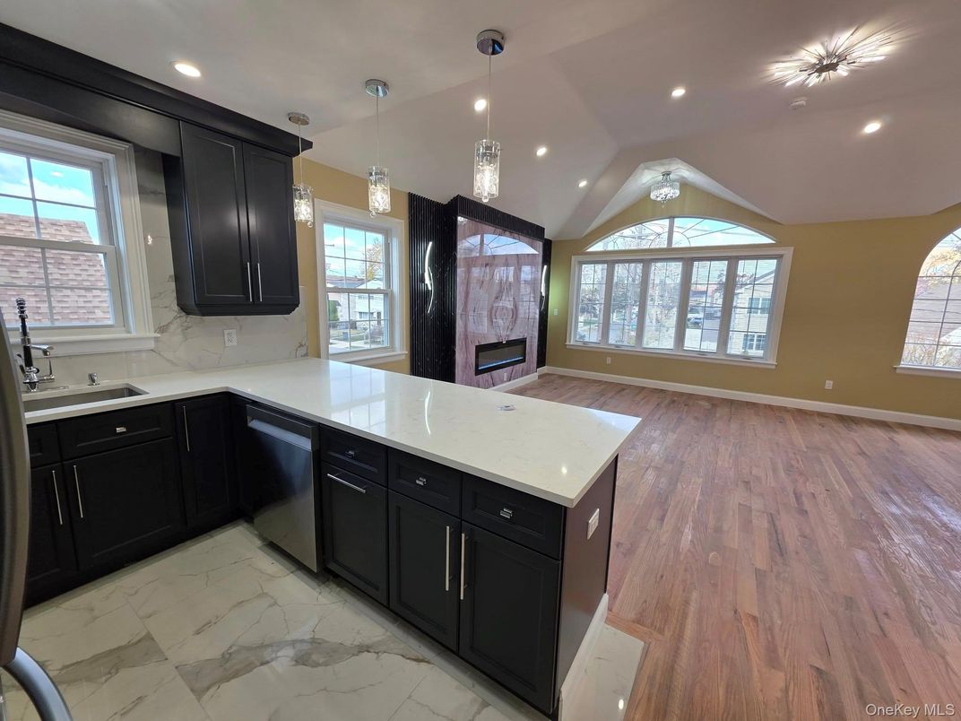 Interior, Kitchen, Marble, Pendant Lights, Recessed Lighting, Wood Texture Flooring