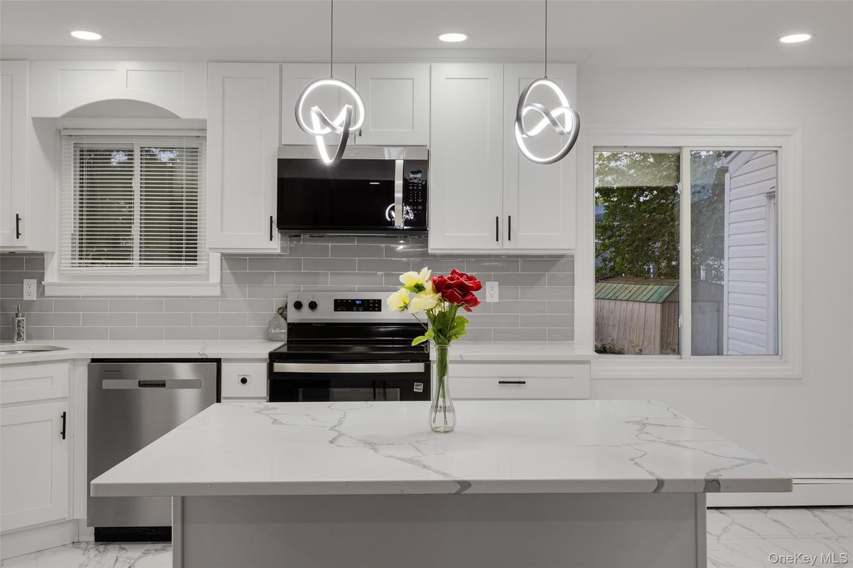Interior, Kitchen, Marble, Pendant Lights, Recessed Lighting, Stainless Steel Appliances