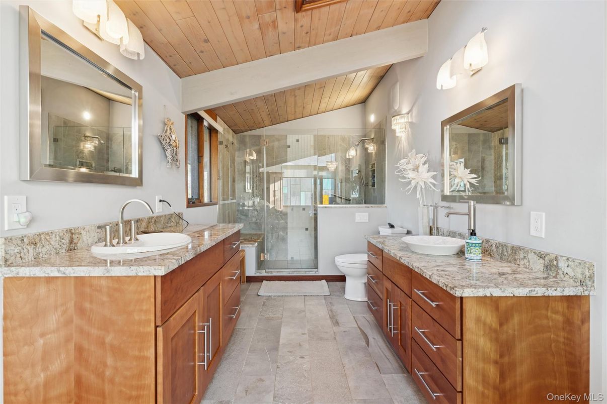 Bathroom, Dual Sink Vanities, Glass Shower, Interior, Wooden Ceilings