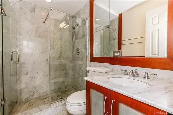 Bathroom, Glass Shower, Interior, Marble, Marble Walls, Recessed Lighting