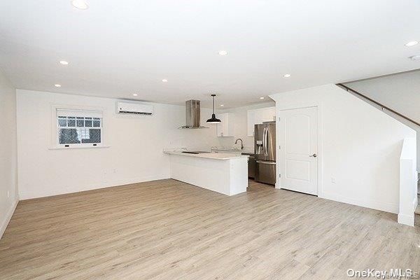 Empty room, Interior, Kitchen, Pendant Lights, Recessed Lighting, Wood Texture Flooring
