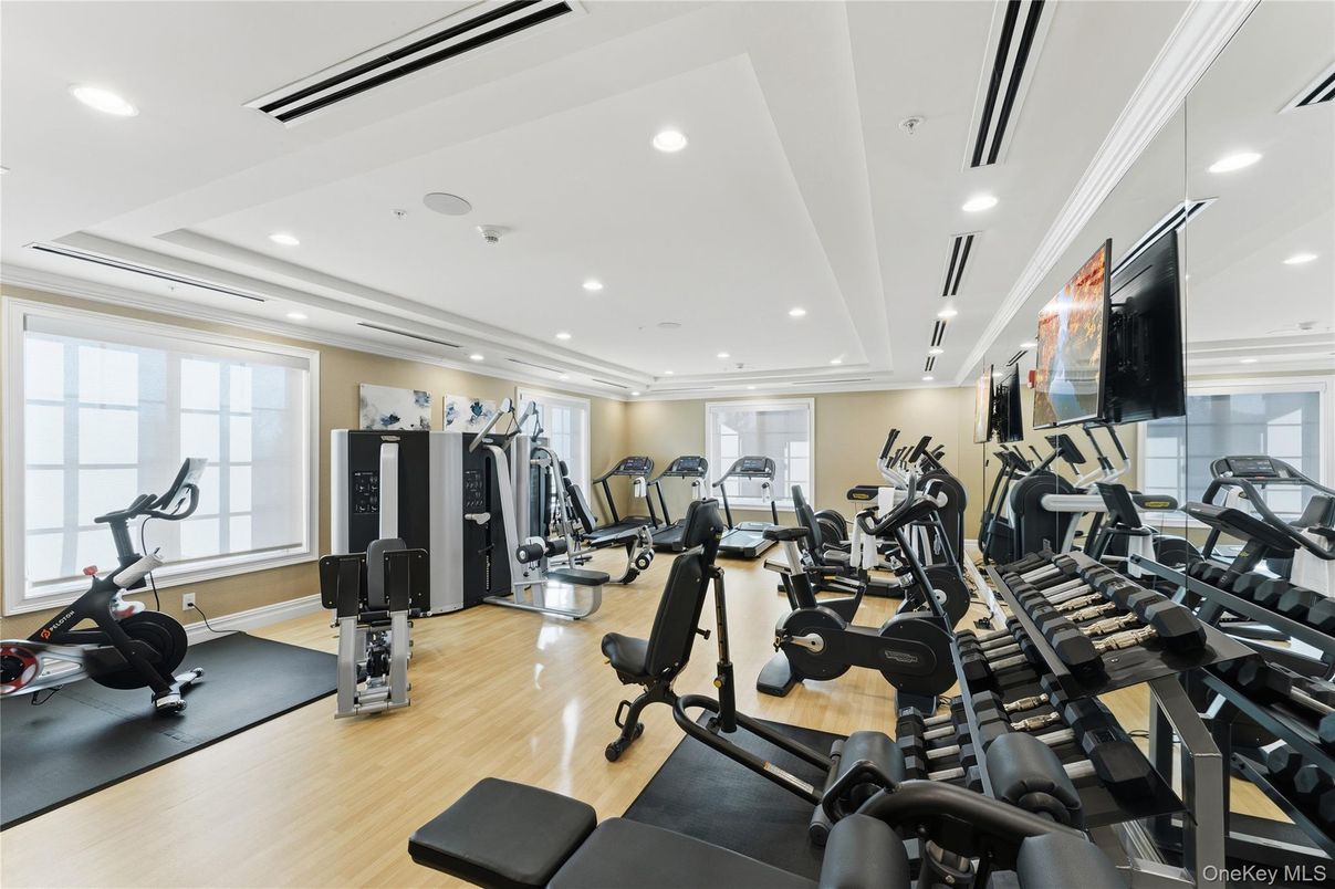Fitness Equipment, Gym, Interior, Recessed Lighting, Wood Texture Flooring