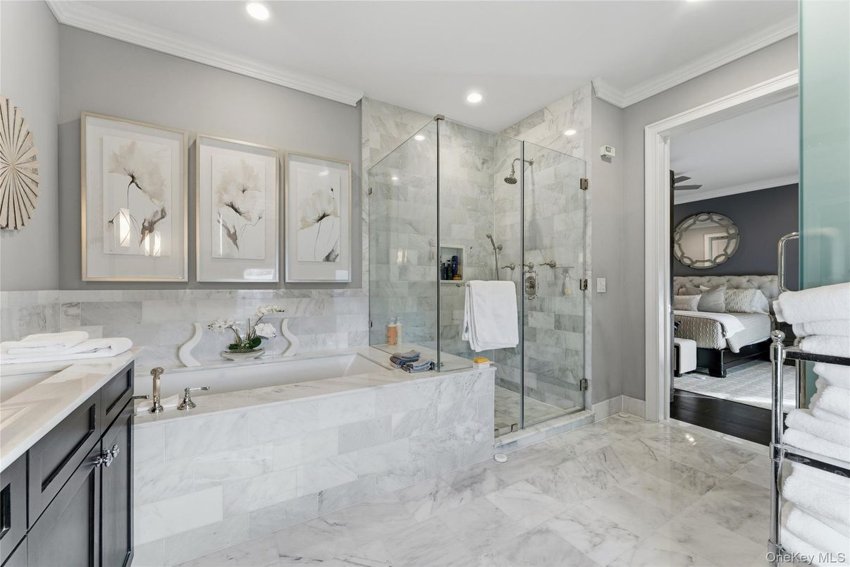 Bathroom, Bedroom, Glass Shower, Interior, Marble, Marble Walls, Recessed Lighting