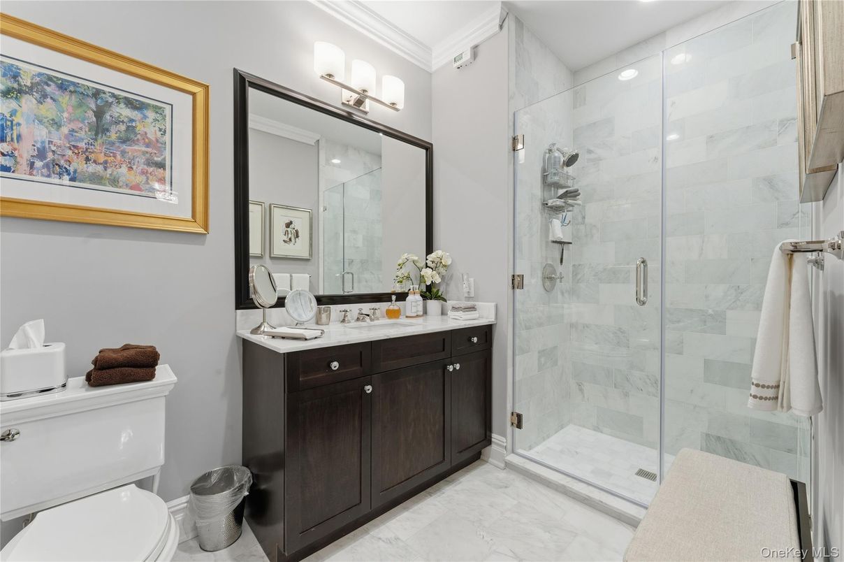 Bathroom, Glass Shower, Interior, Marble, Marble Walls, Recessed Lighting