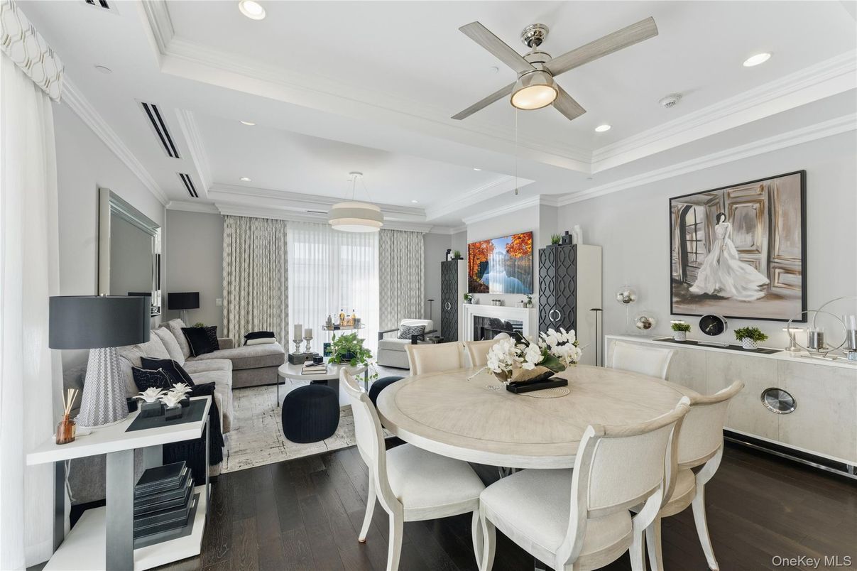 Dining room, Fireplace, Interior, Living room, Recessed Lighting, Wood Texture Flooring