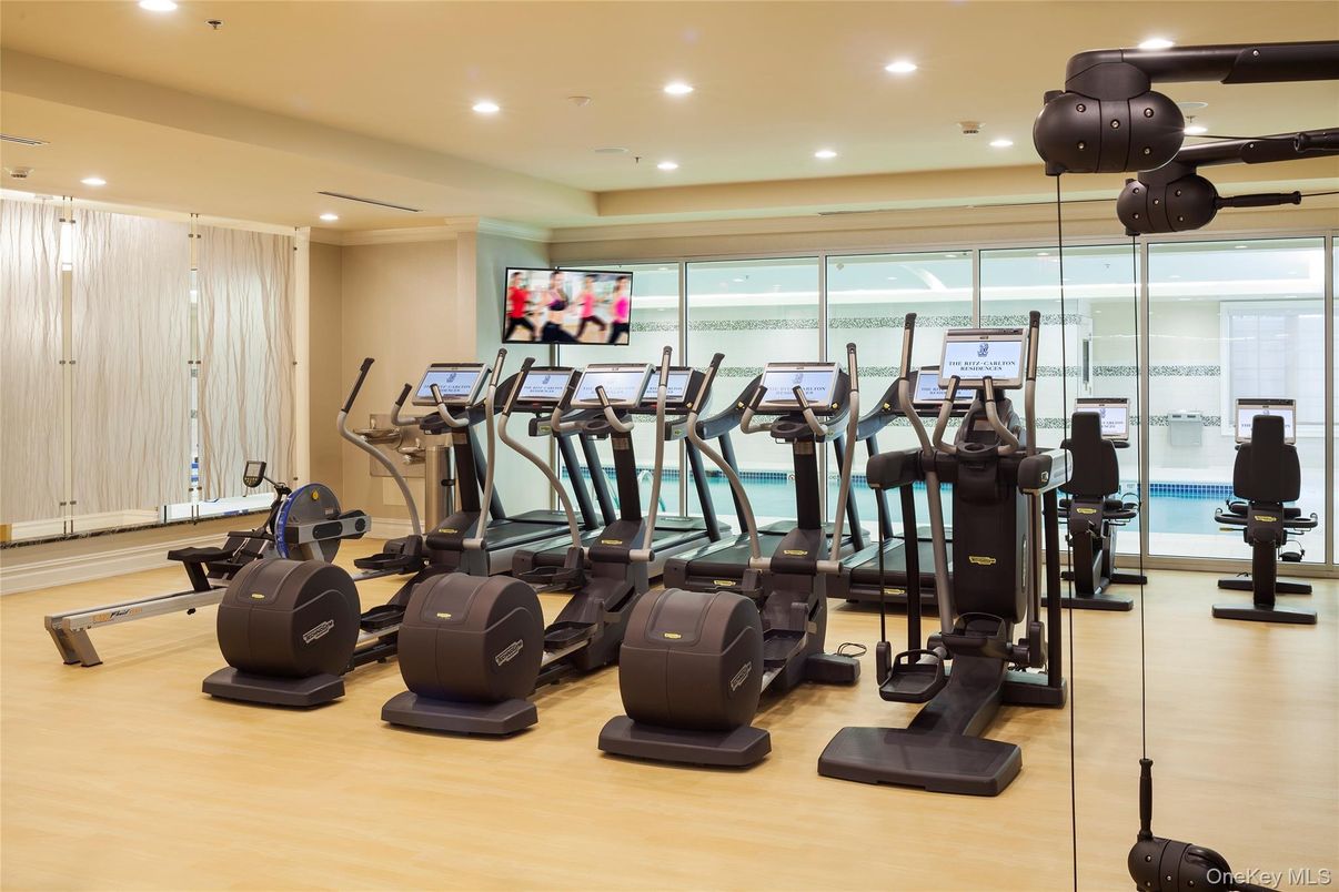 Fitness Equipment, Gym, Interior, Recessed Lighting, Wood Texture Flooring