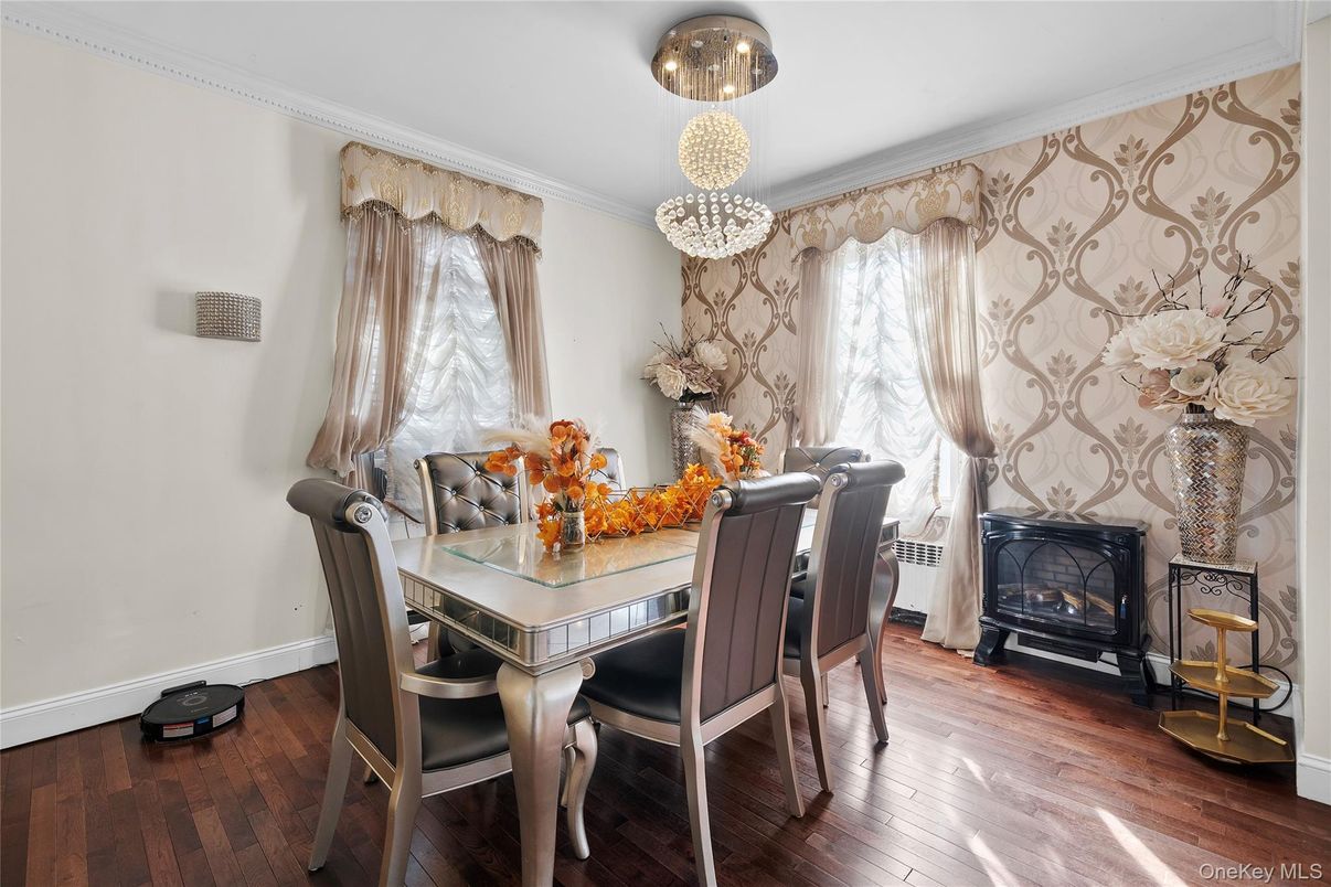 Dining room, Fireplace, Interior, Pendant Lights, Wood Texture Flooring