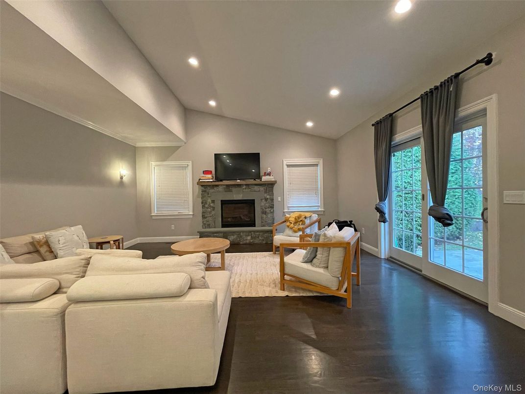 Fireplace, Interior, Living room, Recessed Lighting, Wood Texture Flooring