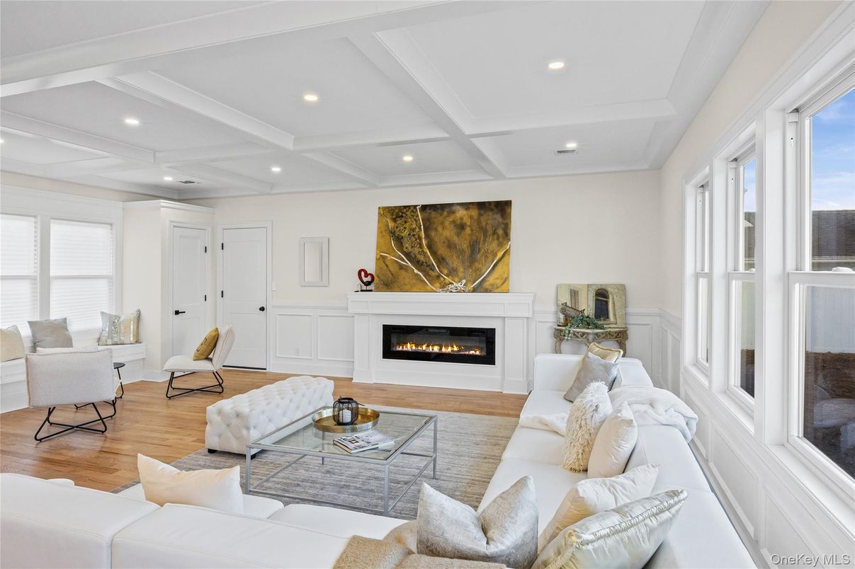 Fireplace, Interior, Living room, Recessed Lighting, Wood Texture Flooring