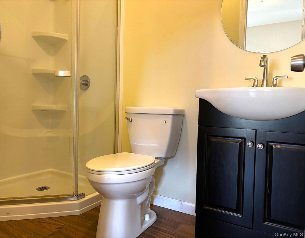 Bathroom, Glass Shower, Interior, Wood Texture Flooring