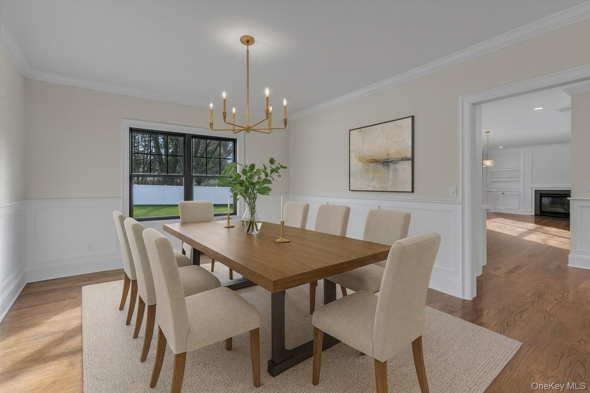 Dining room, Interior, Pendant Lights, Recessed Lighting, Wood Texture Flooring