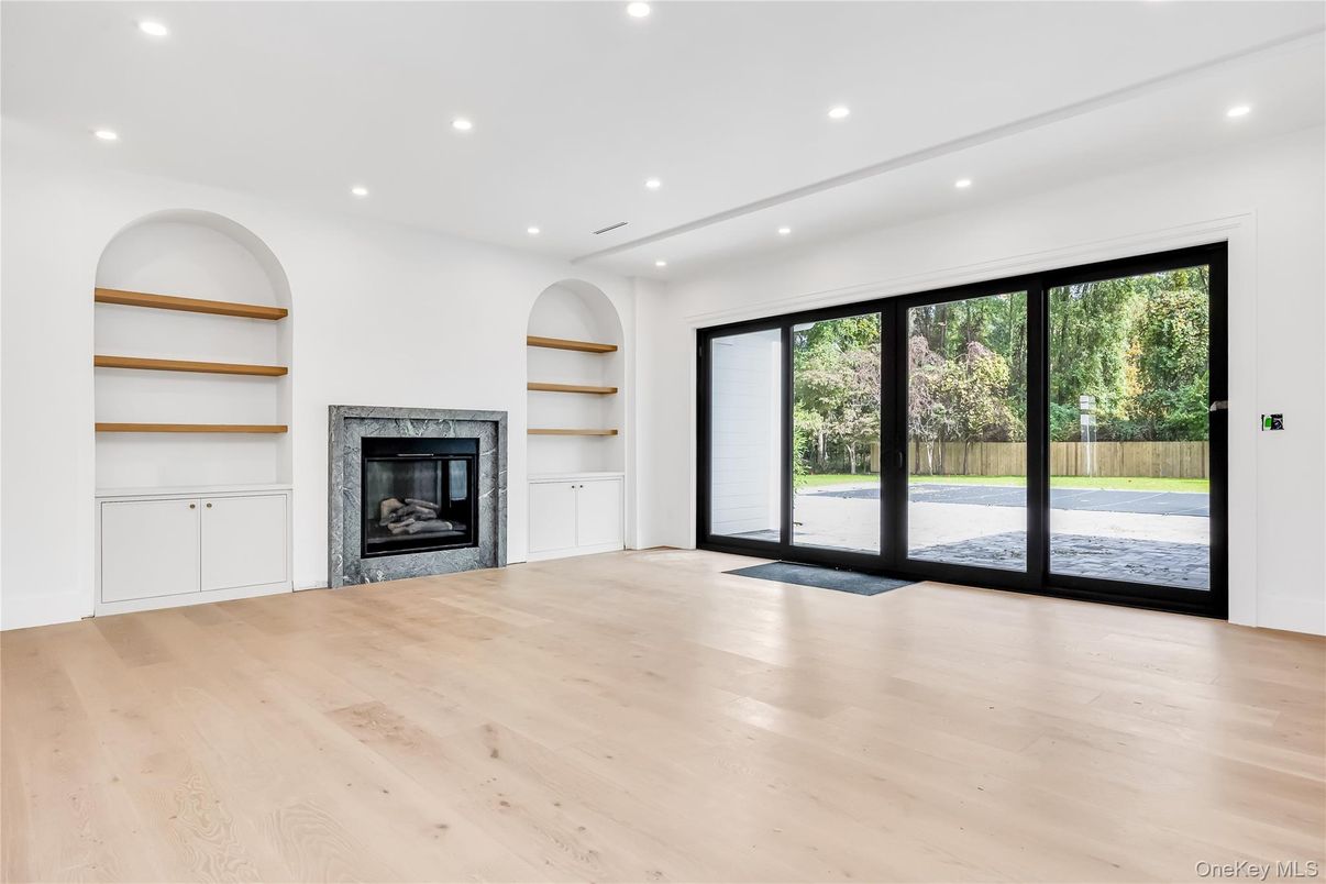 Empty room, Fireplace, Interior, Recessed Lighting, Wood Texture Flooring