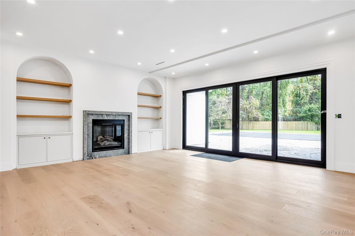 Empty room, Fireplace, Interior, Recessed Lighting, Wood Texture Flooring