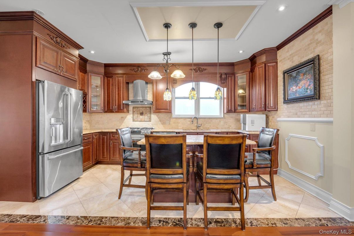 Interior, Kitchen, Pendant Lights, Recessed Lighting, Stainless Steel Appliances, Stone Walls