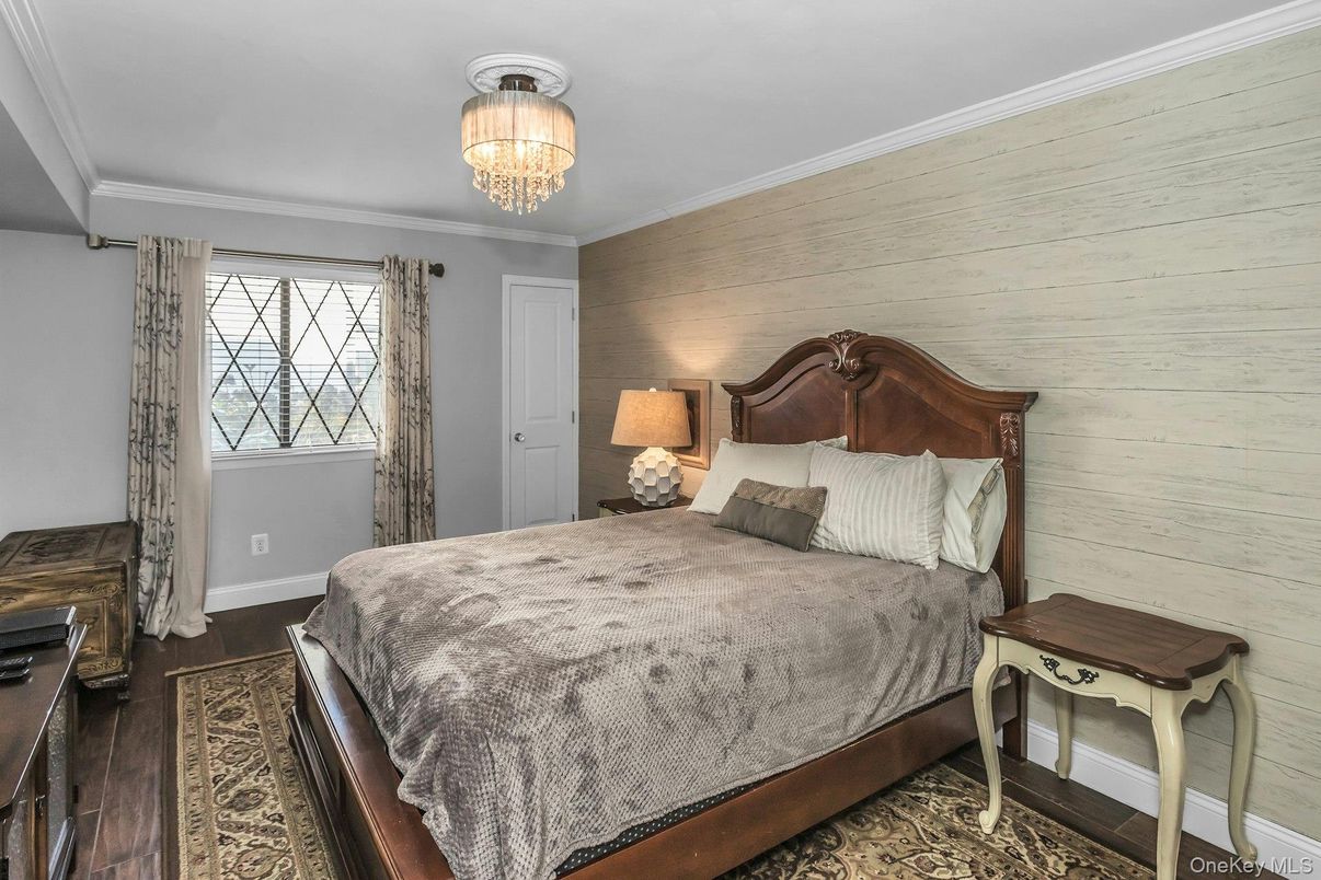 Bedroom, Chandelier, Interior, Wood Texture Flooring