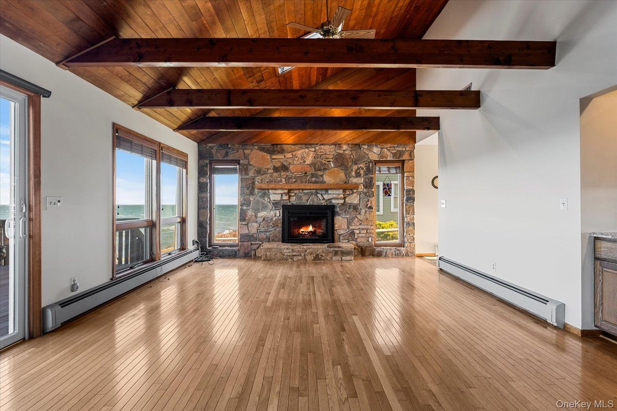 Empty room, Fireplace, Interior, Wooden Beams, Wooden Ceilings, Wood Texture Flooring