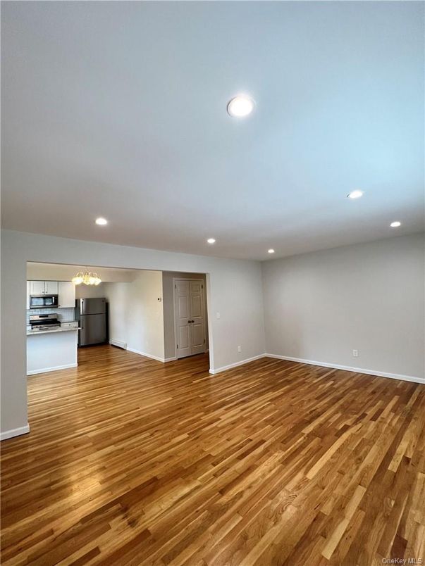 Empty room, Interior, Kitchen, Recessed Lighting, Wood Texture Flooring