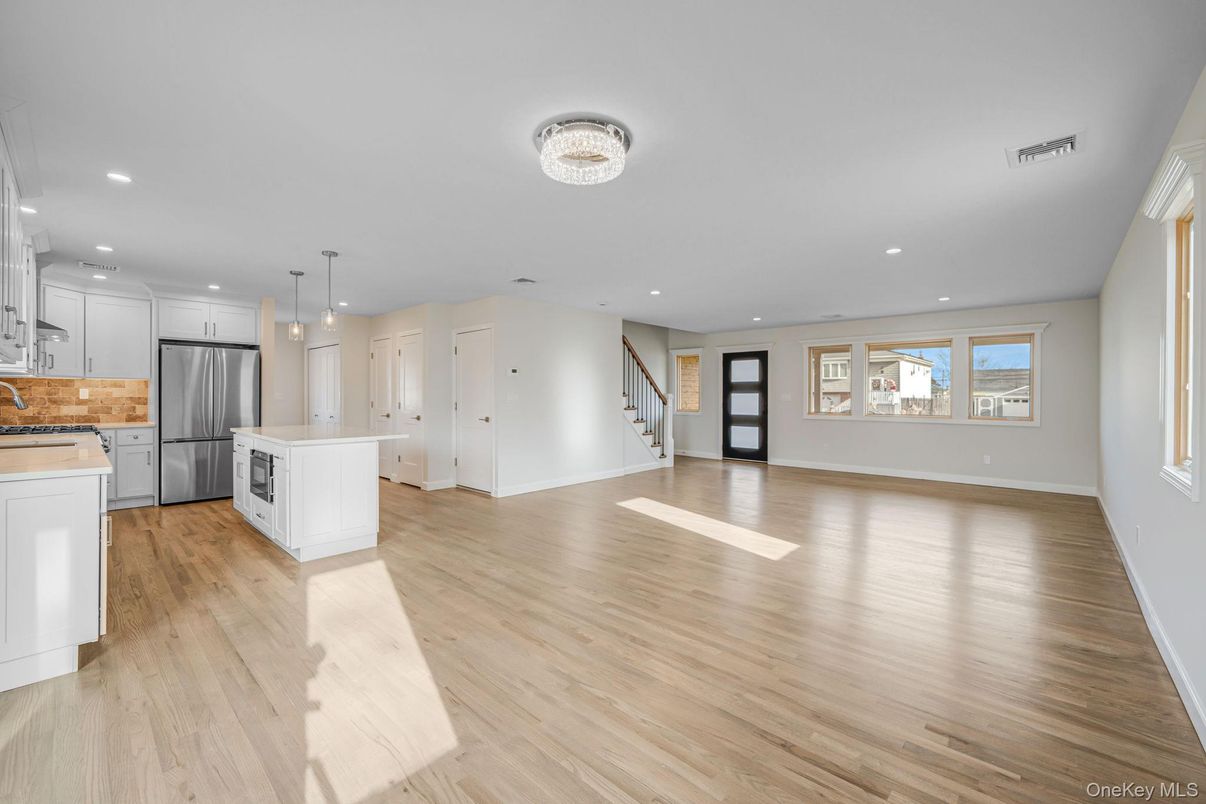 Empty room, Interior, Kitchen, Pendant Lights, Recessed Lighting, Wood Texture Flooring