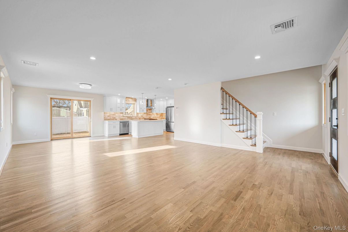 Empty room, Interior, Kitchen, Pendant Lights, Recessed Lighting, Wood Texture Flooring