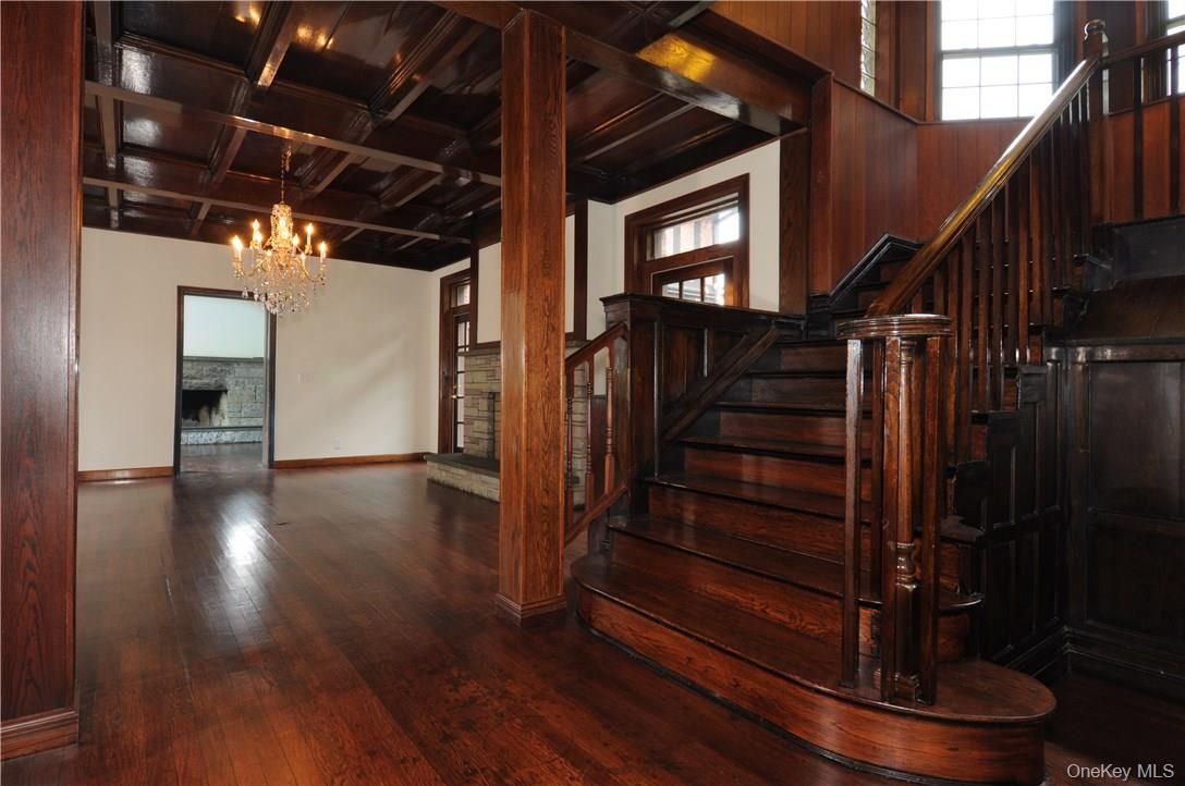 Chandelier, Empty room, Fireplace, Interior, Wooden Beams, Wooden Ceilings, Wood Texture Flooring