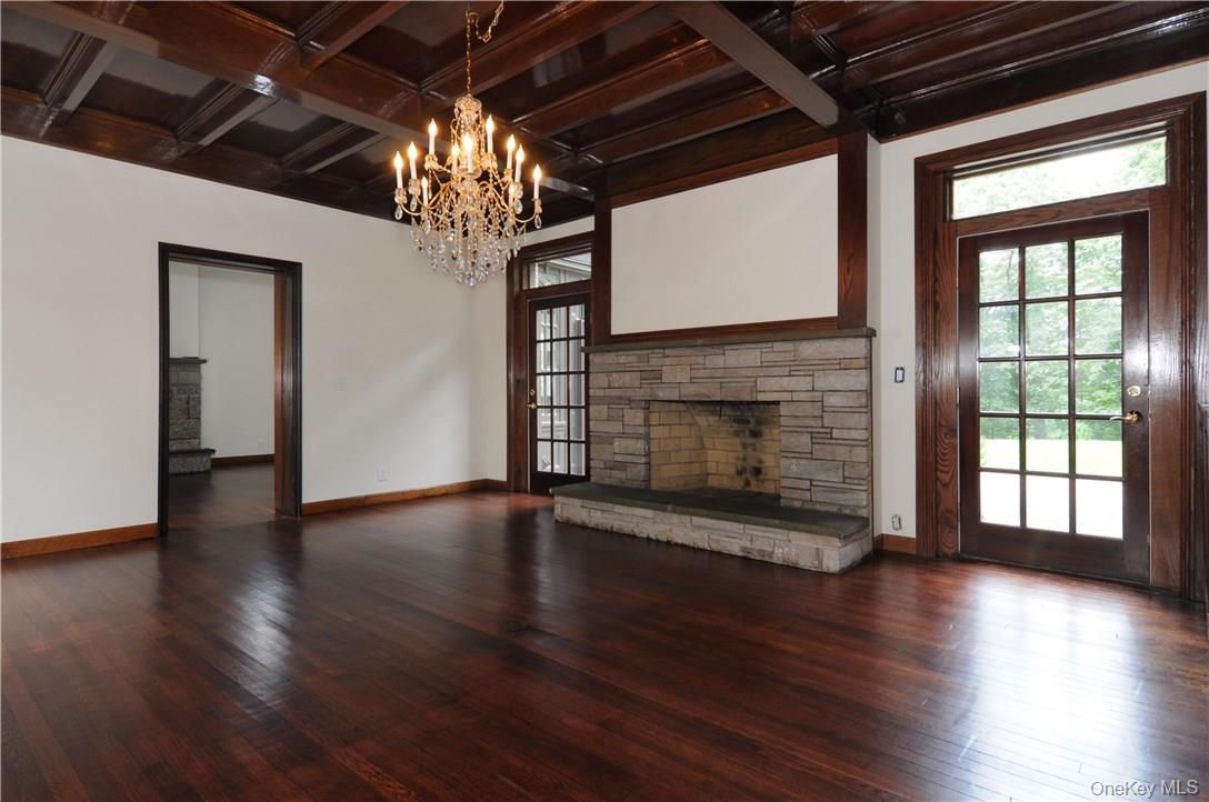Chandelier, Empty room, Fireplace, Interior, Wooden Beams, Wood Texture Flooring