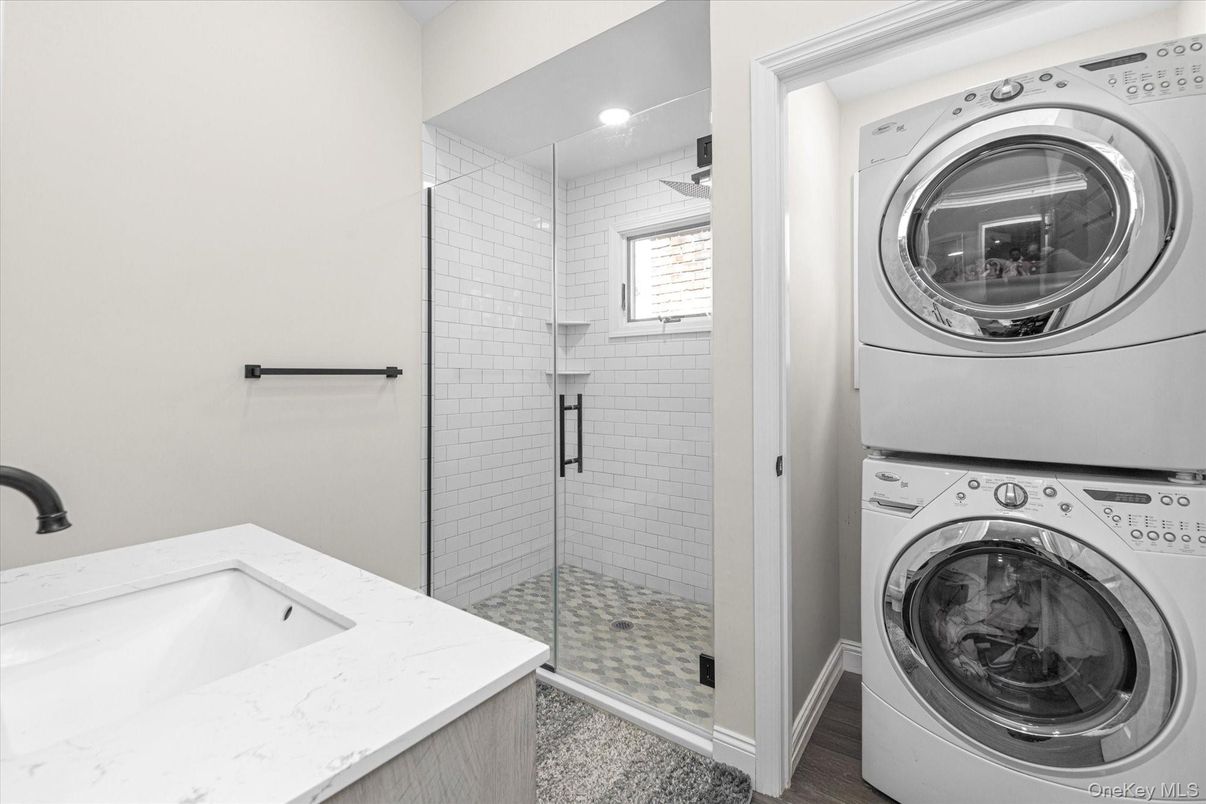 Bathroom, Glass Shower, Interior, Recessed Lighting, Utility Closets, Washer