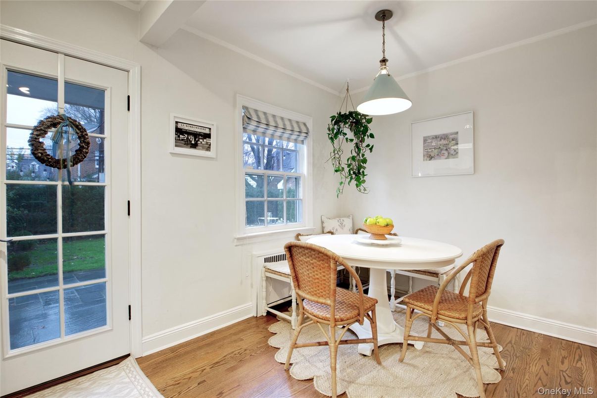 Dining room, Interior, Pendant Lights, Wood Texture Flooring