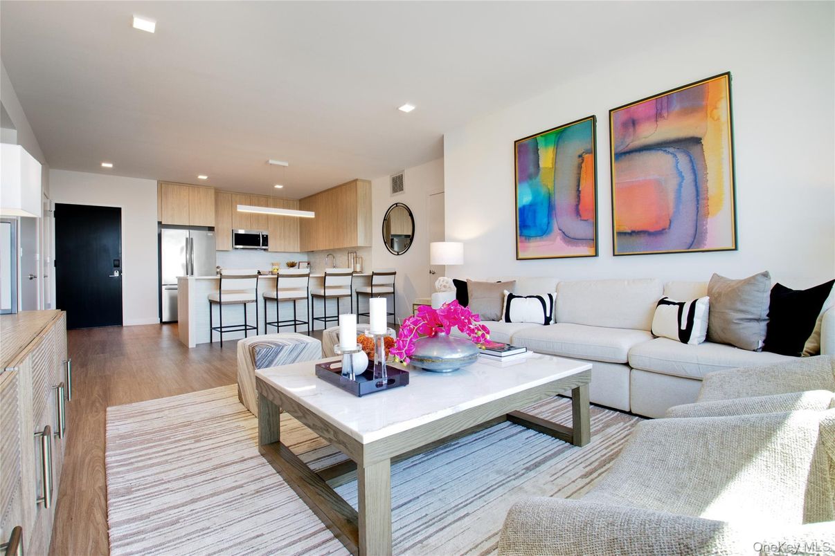 Interior, Kitchen, Living room, Recessed Lighting, Stainless Steel Appliances, Wood Texture Flooring