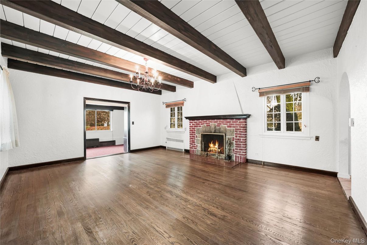 Chandelier, Empty room, Fireplace, Interior, Wooden Beams, Wood Texture Flooring