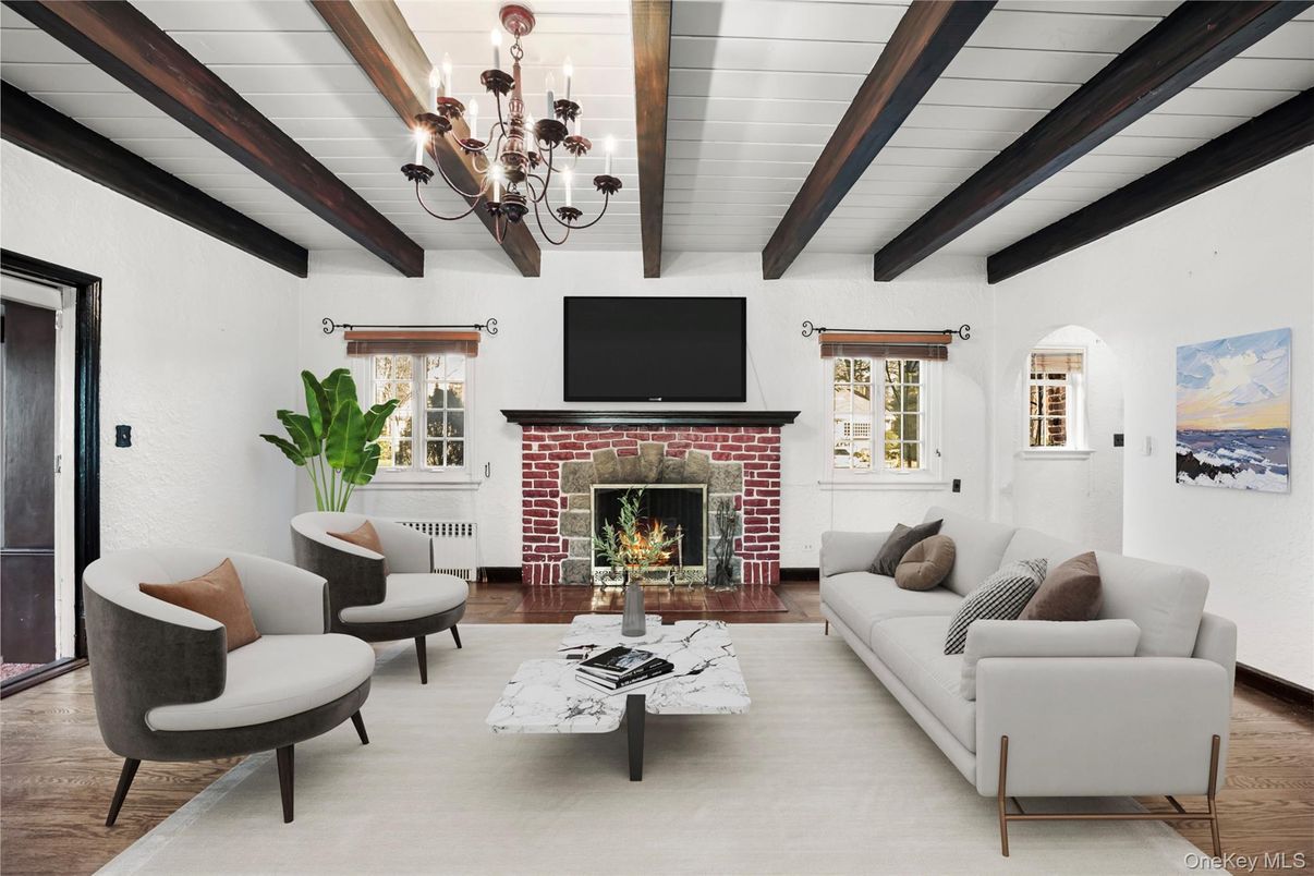 Chandelier, Fireplace, Interior, Living room, Wooden Beams, Wood Texture Flooring