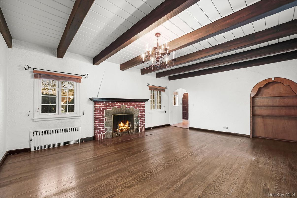 Chandelier, Empty room, Fireplace, Interior, Wooden Beams, Wood Texture Flooring